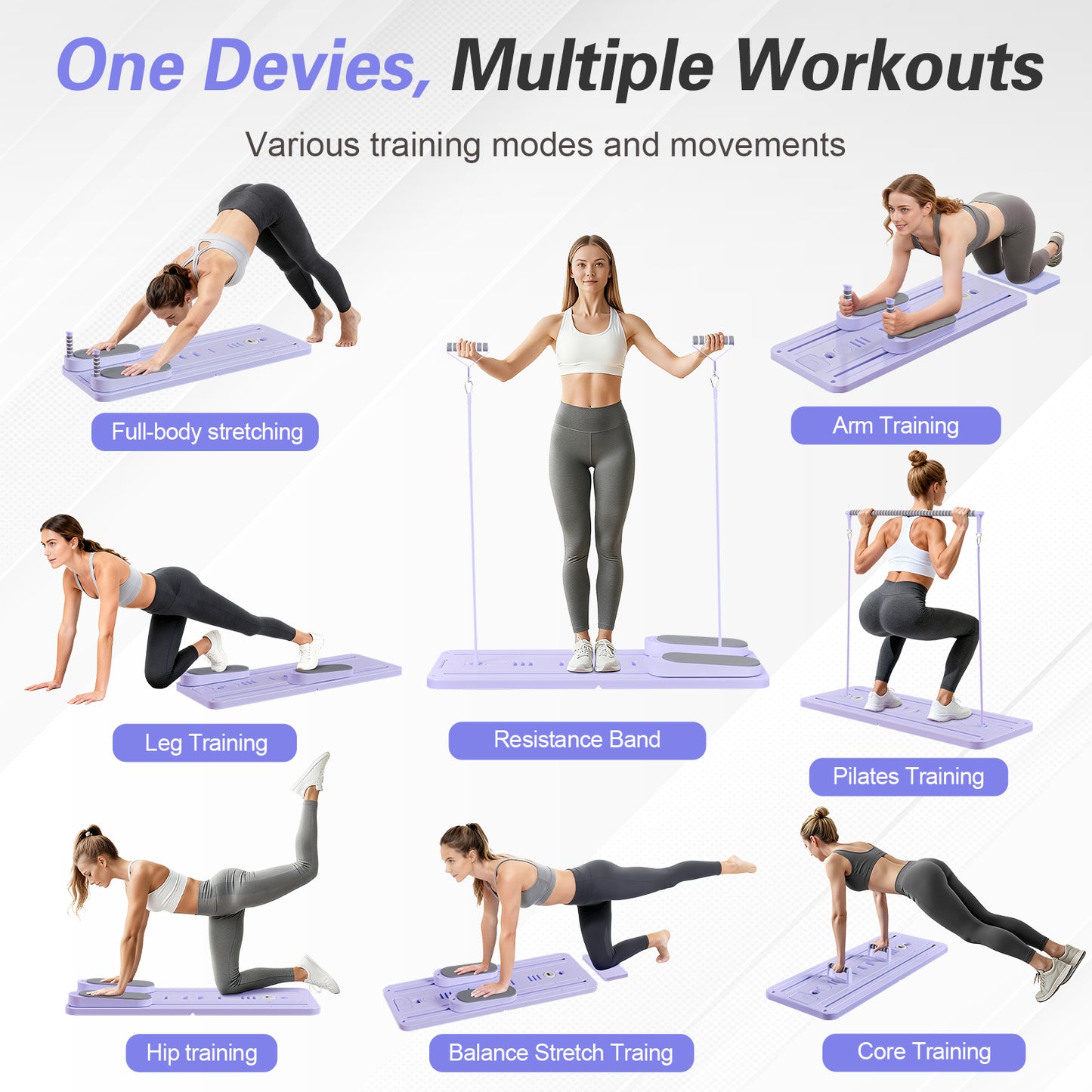 Rican Pilates Board, Portable Ab Board, Multifunctional Abdominal Board, Foldable Pilates Reformer Set, Sliding Equipment for Home with Timer, Purple