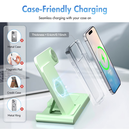 Wireless Charger,3in1 Charging Station Compatible for iPhone,Wireless Charger Stand Compatible for Apple Watch,iPhone 17 16 15 14 13 12 11 Pro Max Mini Plus SE X XS 8 Plus& AirPods,Green