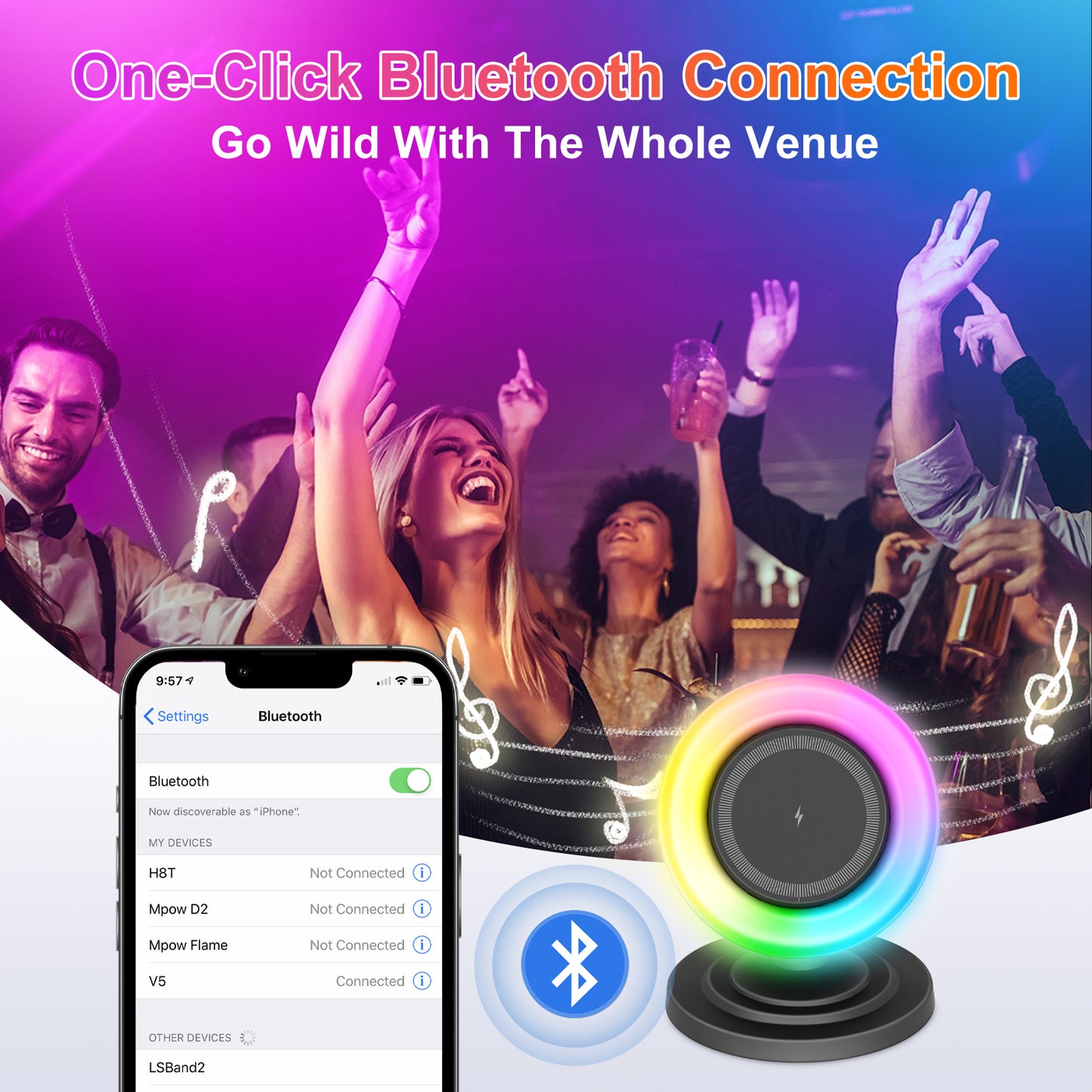 Wireless Charger for iPhone Samsung Huawei,Magnetic Charging Station with Bluetooth speaker and RGB light, Travel Charging Station Compatible with Apple 12 and above series, Black
