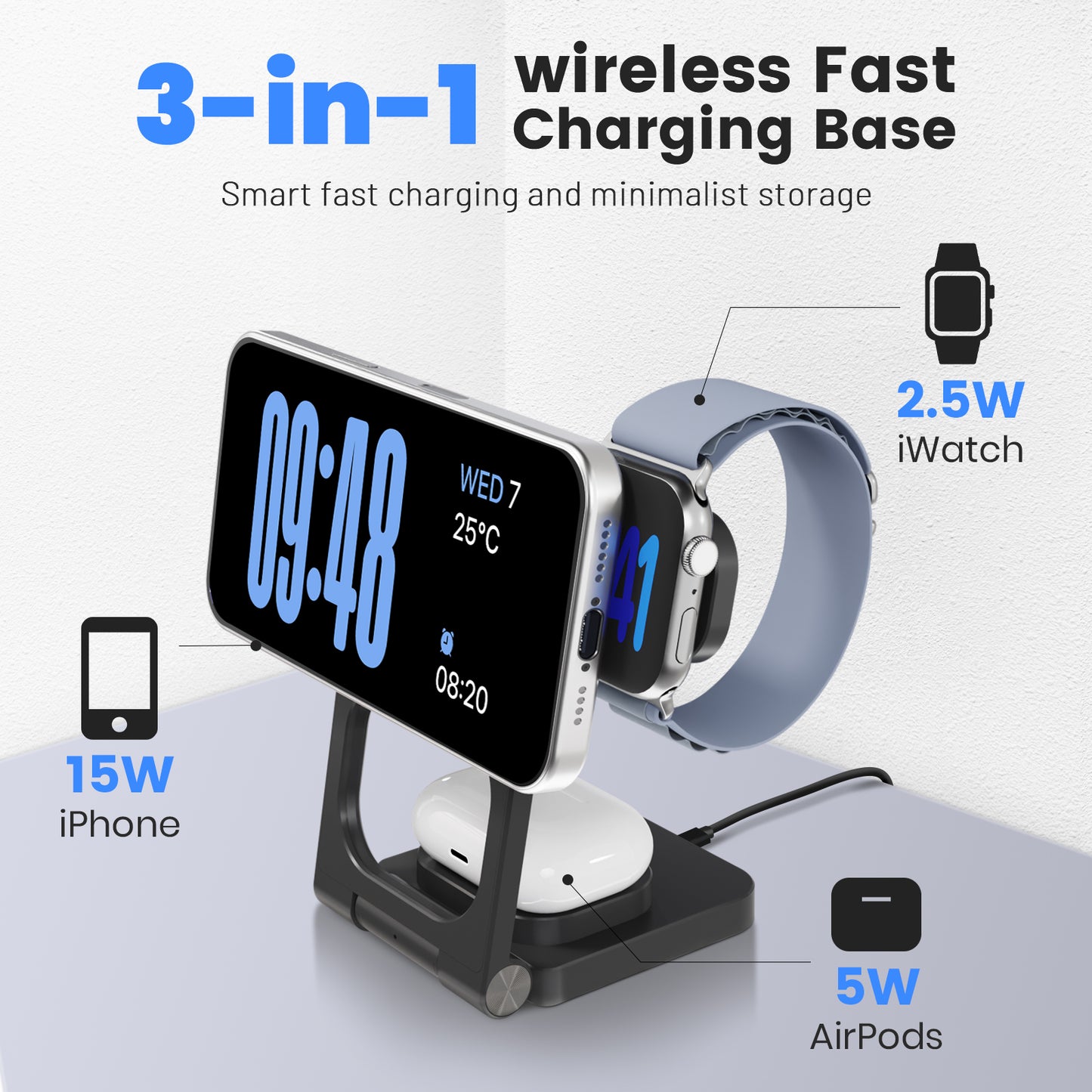 Charging Station, Magnetic Wireless Charger for iPhone 17 16 15 14 13 12, for iWatch, for AirPods 4 3 2, 3 in 1 Charging Pad with Foldable Design, Black