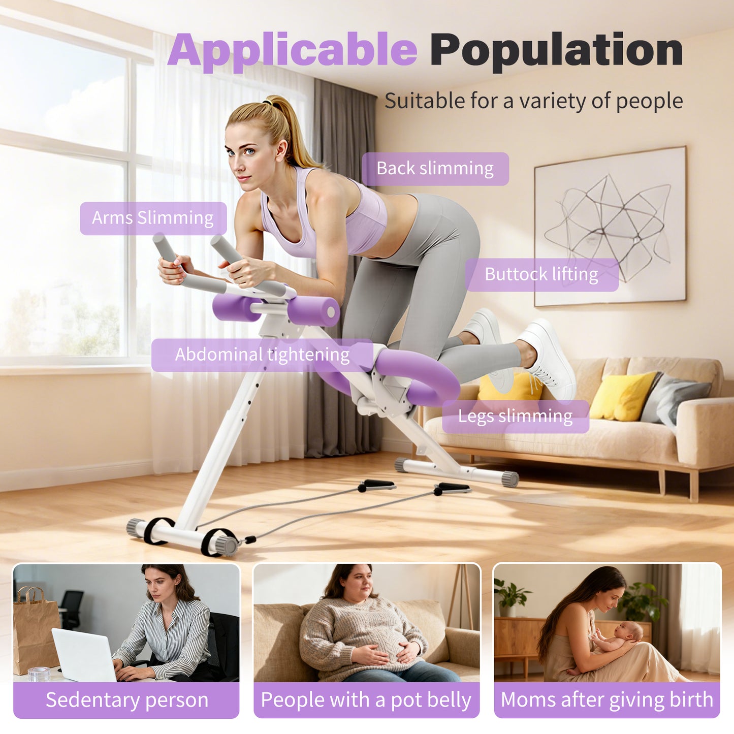 Rican Ab Machine, Foldable Abdominal Exercise Machine, Ab Workout Equipment with LCD Monitor, Abdominal Exercise Workout with Resistance Bands, Purple