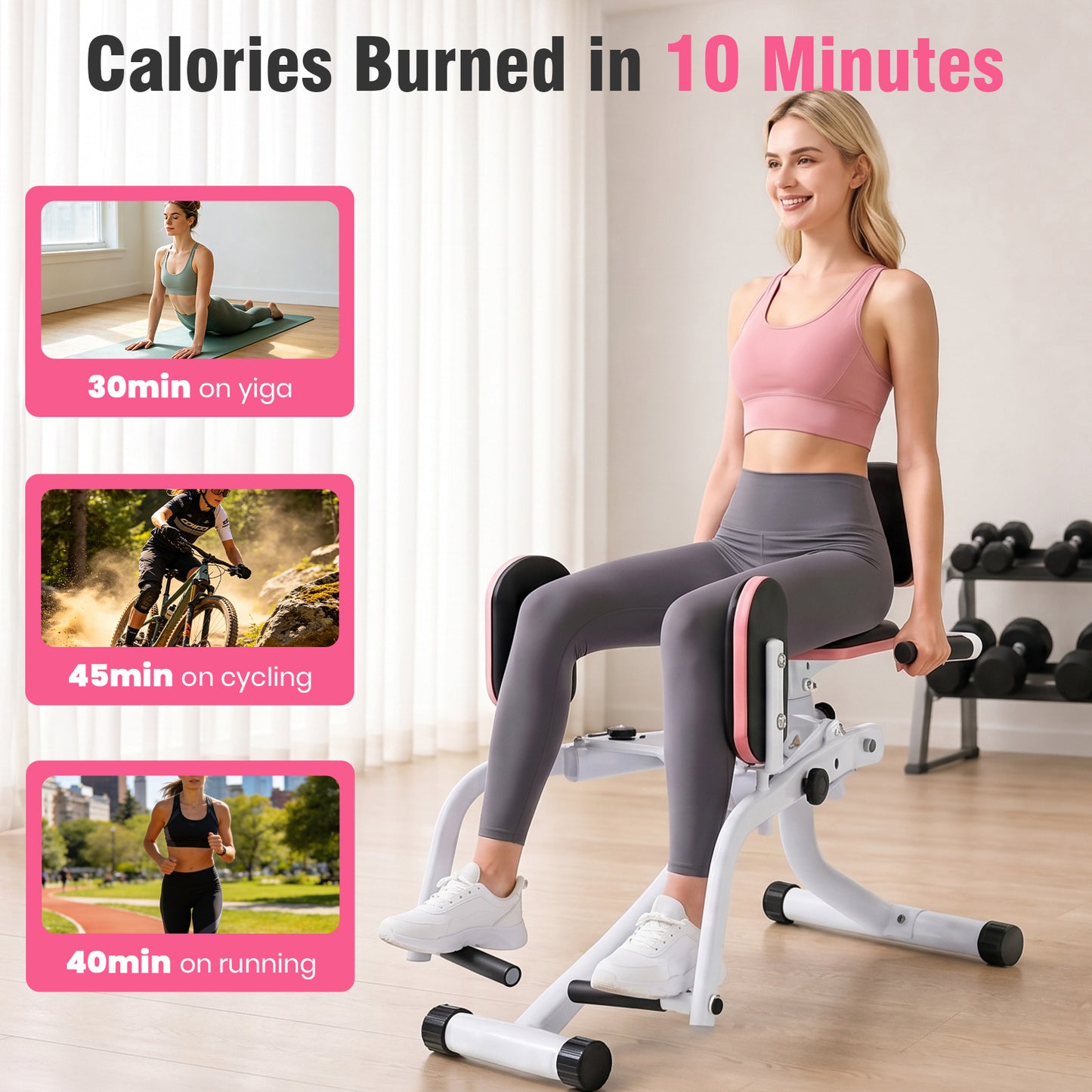 RICAN Hip Abductor Machine for Women, 2-in-1 Compact Glute & Thigh Trainer, Adjustable Resistance Inner Thigh Toner and Outer Thigh Sculptor, Booty Builder for Home Leg Workout Equipment ¨C Pink/White