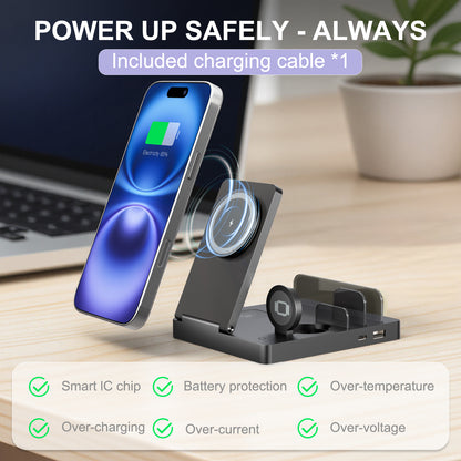 15W Charging Station, 5 in 1 Magnetic Wireless Charger Compatible with iPhone 17 16 15 14 13 12 Series, Charging Dock Compatible with AirPods 4 3 2 1, for iWatch, for iPad, Black