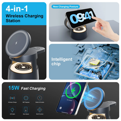 Magnetic Wireless Charger, 4 in 1 Fast Charging Station Compatible with iPhone 16 15 14 13 12 11 8 X XR SE, 3 Light Adjustable Desk Charging Station for Watch, AirPod