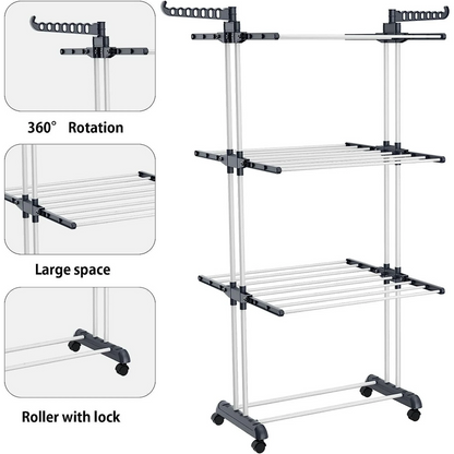 Homemart Clothes Drying Rack, 4-Tier Foldable Laundry Drying Rack, Stainless Steel Garment Clothes Dryer Indoor or Outdoor Standing Clothing Rack with Wheels