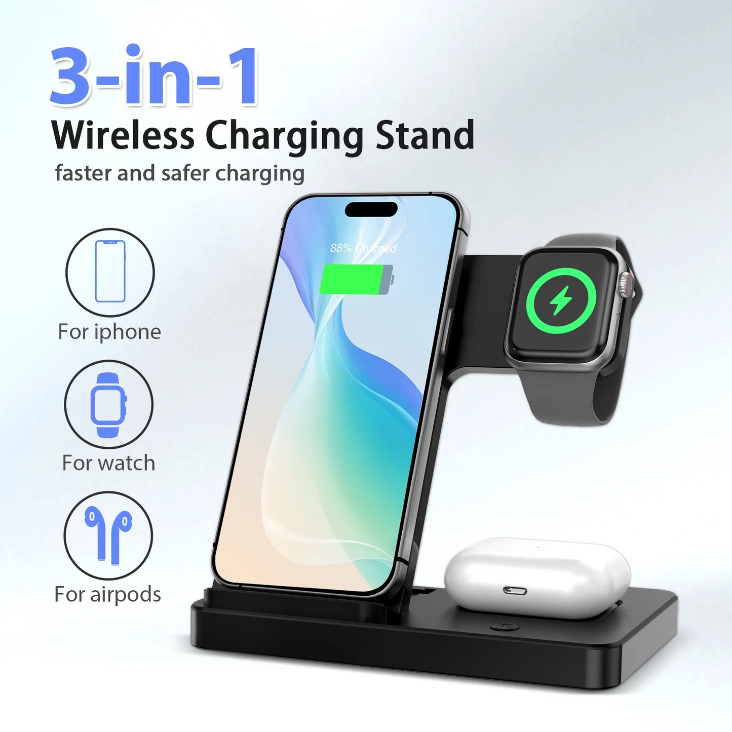 Wireless Charger Station for iPhone16 15 14 13 12 11 8 XS XR & Samsung Galaxy, 3 in 1 Charging Station for AirPods 3 2 Pro & iWatch Series ,Magnetic Wireless Charger Black
