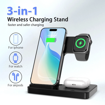 Wireless Charger Station for iPhone16 15 14 13 12 11 8 XS XR & Samsung Galaxy, 3 in 1 Charging Station for AirPods 3 2 Pro & iWatch Series ,Magnetic Wireless Charger Black