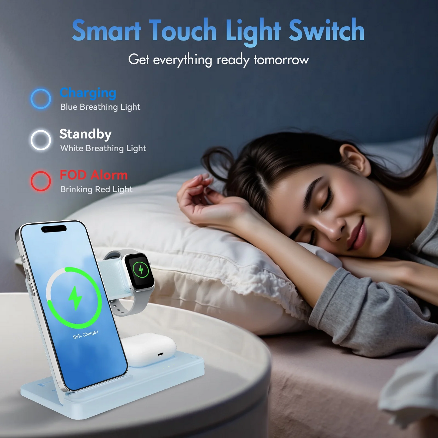 Wireless Charger for iPhone,3 in 1 Wireless Charging Station for iPhone 17 16 15 14 13 12 11 Pro Max Plus XS XR X 8,for iWatch 9 8 7 6 5 4 3 2 SE,for AirPods 3 2 Pro,Blue,No Adapter