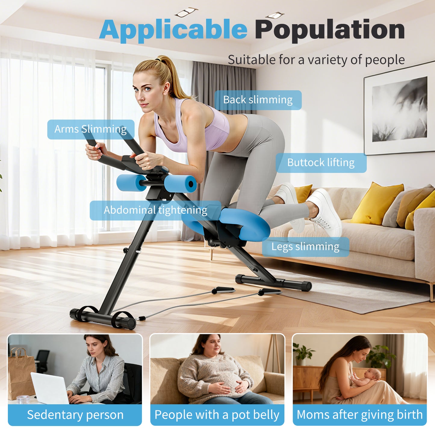 Rican Ab Machine, Foldable Abdominal Exercise Machine, Ab Workout Equipment with LCD Monitor, Abdominal Exercise Workout with Resistance Bands, Blue