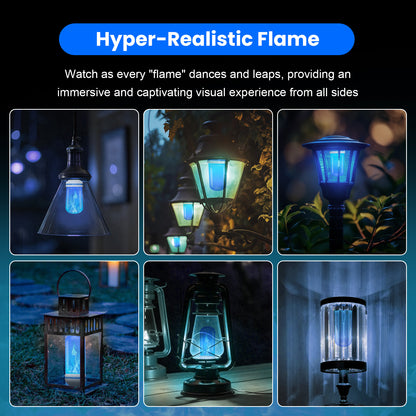 TopZoo Blue LED Light Bulbs 4PCS, Flickering Flame Light Bulbs Upgraded 4 Modes, E26 Base Light Bulbs with Upside Down Effect for Garden Decor, Halloween, Party, Patio, Indoor, Outdoor Decor