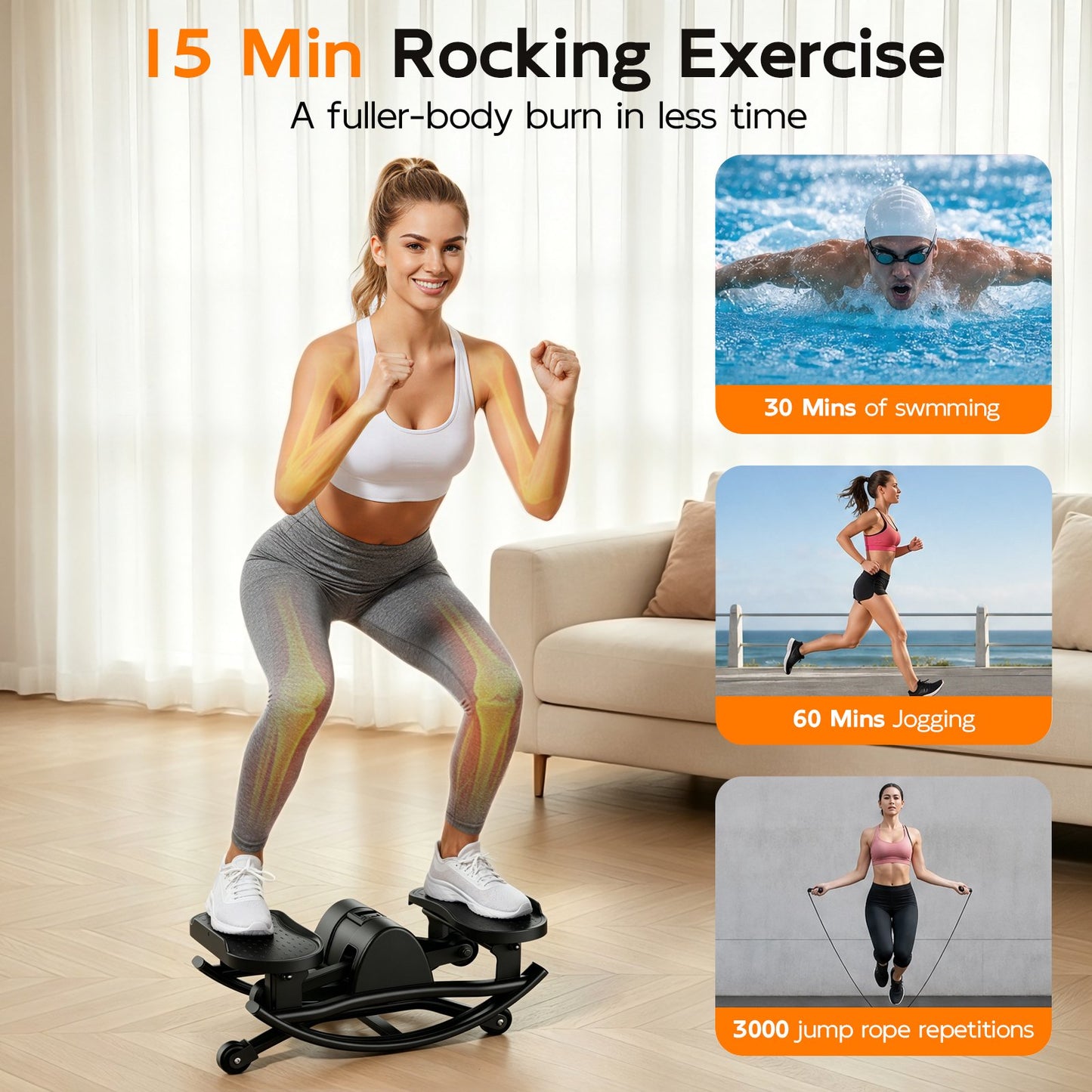 RICAN Smart Lateral Rocking Fitness Stepper, Low-Impact Portable Exercise Stepper with Digital Monitor, Resistance Bands & Floor Mat, Black