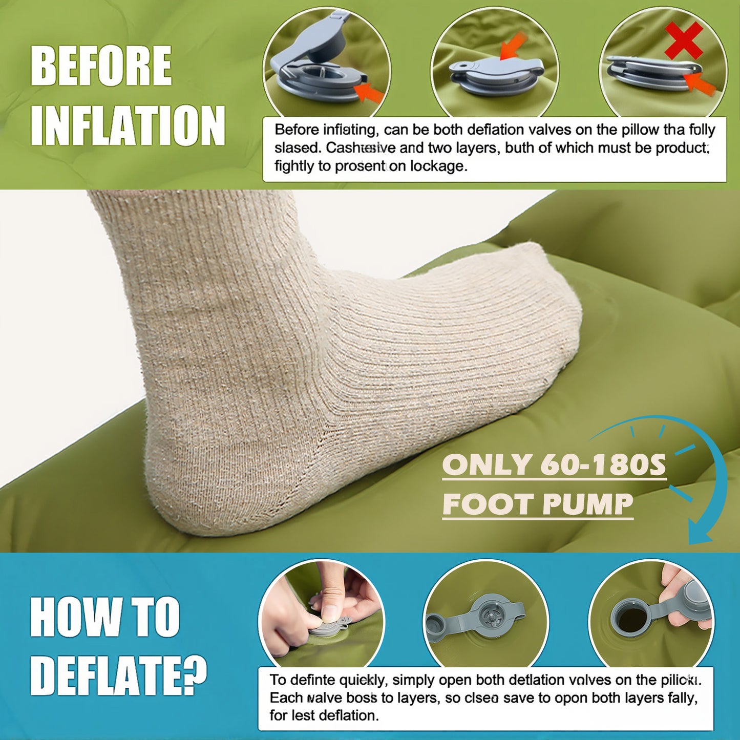 Rican Double Camping Sleeping Pad, Inflatable Double Sleeping Pad, Self Inflating 4" Sleeping Mat with Pillow Built-in Foot Pump, Portable Camping Mat for Backpacking, Hiking, Traveling, Tent