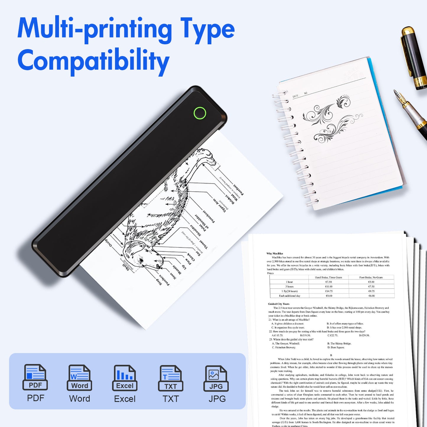 Baokaler Wireless Thermal Printer, Mobile Bluetooth Inkless Printer for Travel Home Use, Support US Letter/A4/A5/B5 Thermal Paper, Compatible with Android iOS Phone & Laptop