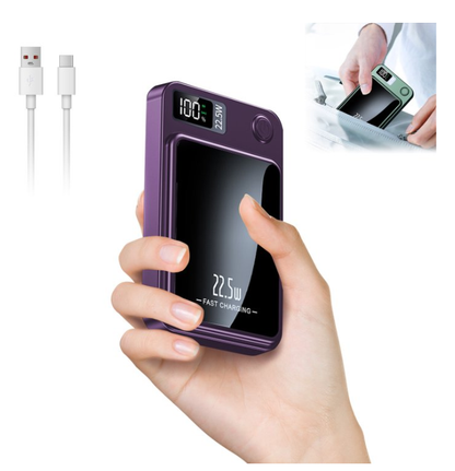 Magnetic Power Bank, 5000mAh Wireless Portable Charger with LED Power Display, 22.5W Fast Charging Phone Battery Bank, 2 in 1 Outdoor Travel Emergency Backup Battery Pack, Purple