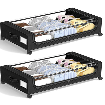 Under Bed Storage with Wheels, Under Bed Storage Containers, Under the Bed Storage Organizer with Clear Lids - Rolling Drawers & Bins for Clothes,Shoes,Toys, 2-Pack (Black)