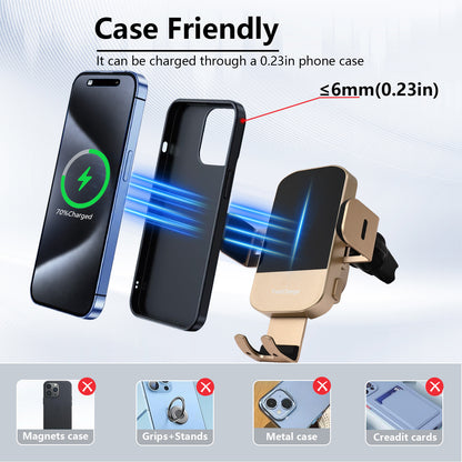 Wireless Car Charger,15W Fast Charging Auto-Clamping Car Charger Phone Mount Air Vent Cell Phone Holder for iPhone 17/16/15/14/13/Pro/12 pro/12/11,Samsung Galaxy S23/S22/S21/S20,etc