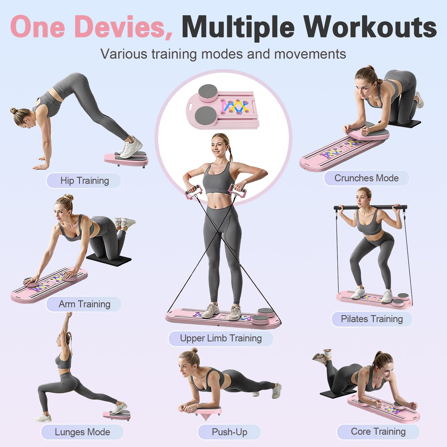 RICAN Foldable Pilates Board, Pilates Reformer Set, 15-in-1 Multifunctional Abdominal Board, Adjustable Push-Up Handles, Full Body Workout Equipment for Home, Pink