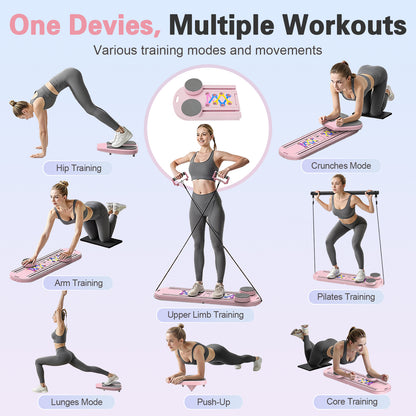 RICAN Foldable Pilates Board, Pilates Reformer Set, 15-in-1 Multifunctional Abdominal Board, Adjustable Push-Up Handles, Full Body Workout Equipment for Home, Pink