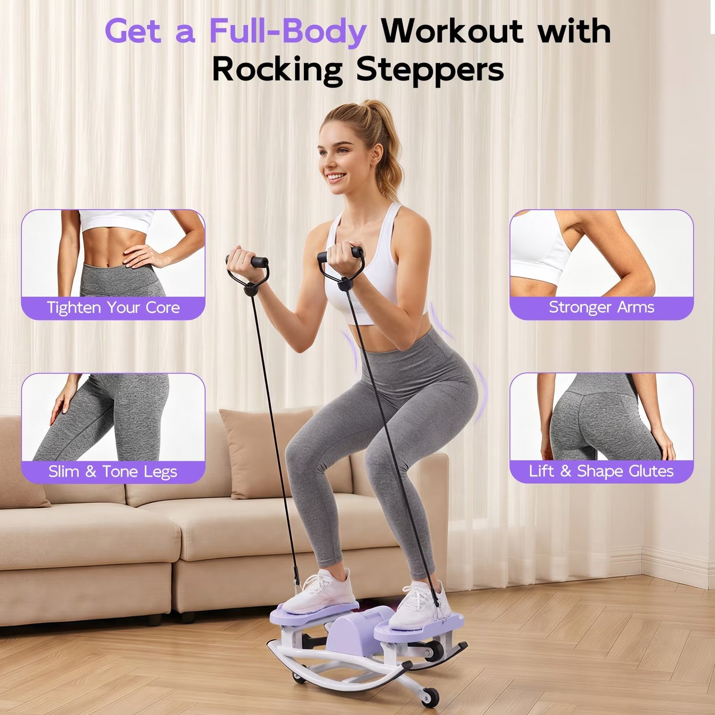RICAN Smart Lateral Rocking Fitness Stepper, Low-Impact Portable Exercise Stepper ,Rock Stepper Machine with Digital Monitor, Resistance Bands & Floor Mat, Purple