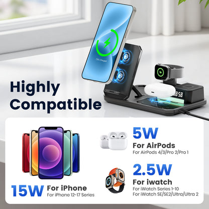 Wireless Charger for iPhone 17 16 15 14 13 12, 6 in 1 Charging Station for iWatch Series for AirPods 4 3 2 with Clock,Bluetooth,Ambient Light