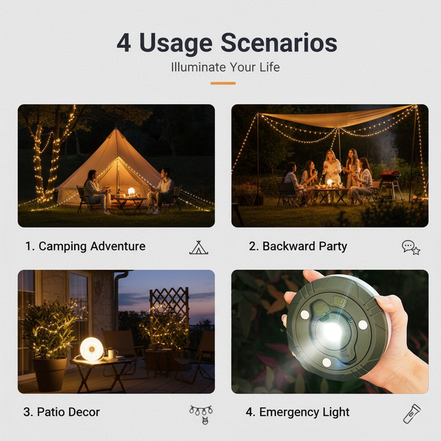 BAOKALER Camping String Lights Retractable, 32.8ft Outdoor Lanterns with 5 Lighting Modes, 2000MAH Camping Lights Rechargeable, USB, Waterproof