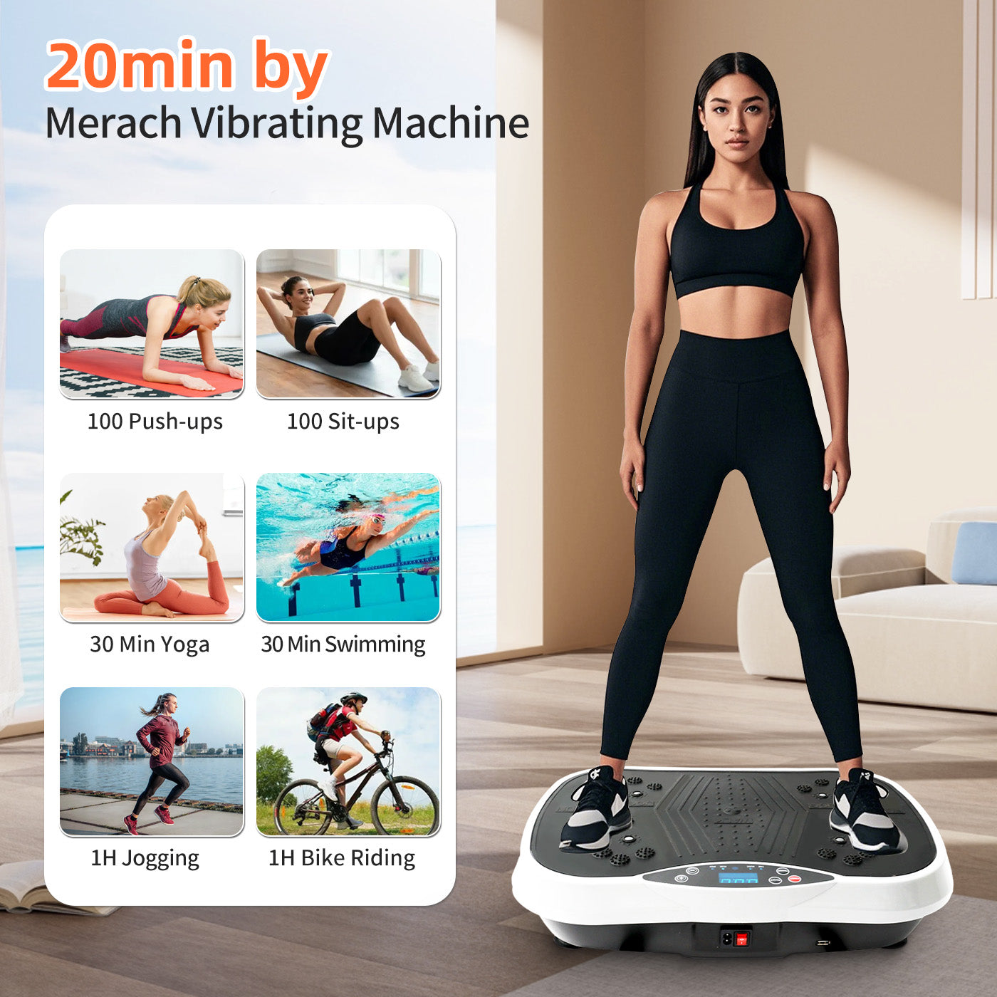 Vibration Plate Exercise Machine, Full Body Workout Power Platform with Loop Bands & Remote Control for Fat Burning and Slimming and Weight Loss, Vibrating Stand Shake Board, White