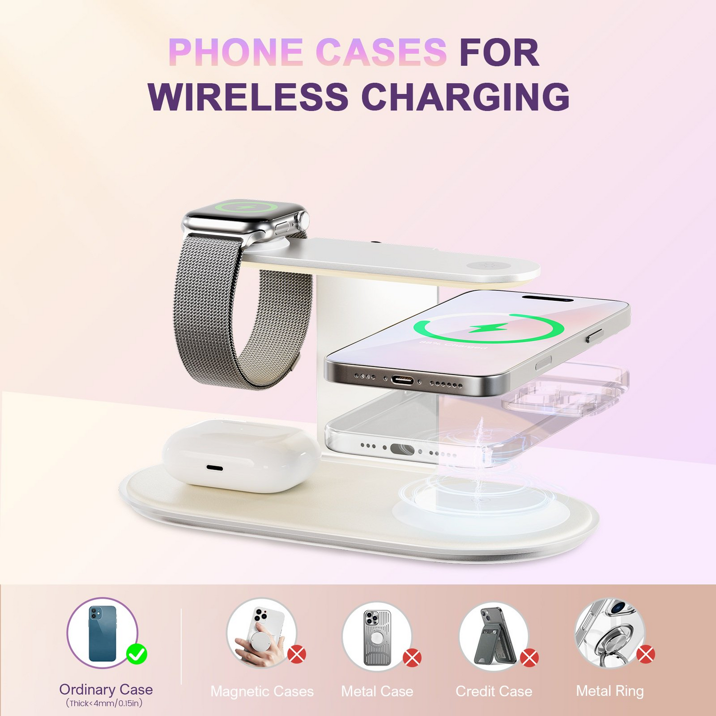 4 in 1 Charging Station, MagSafe Wireless Charger with Three Level soft Night Light, 15W Wireles Charging for iPhone