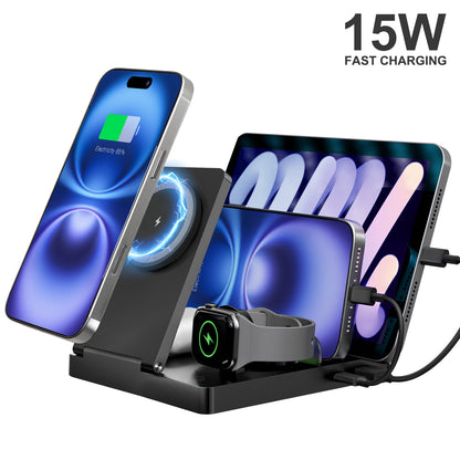 15W Fast Charging Station, 5 in 1 Wireless Charger Compatible with iPhone 15 14 13 12 11 8 Series, Charging Dock Compatible with AirPods 4 3 2 1, for iWatch, for iPad, Black