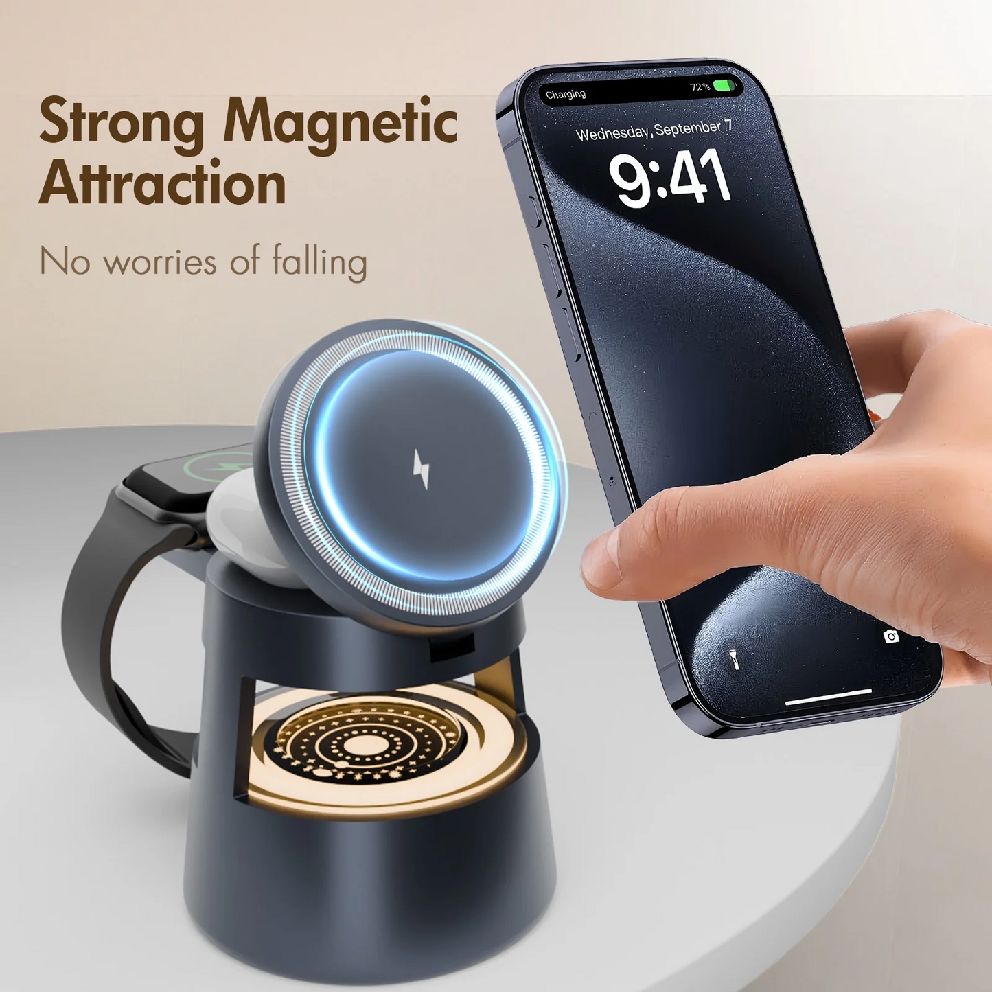 4 in 1 Wireless Charging Station, 15W Fast Charging Wireless Charger for iPhone AirPods iWatch with MagSafe and Mushroom Light