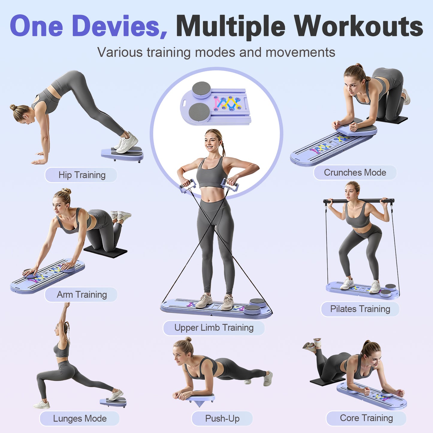 RICAN Foldable Pilates Board, Pilates Reformer Set, 15-in-1 Multifunctional Abdominal Board, Adjustable Push-Up Handles, Full Body Workout Equipment for Home, Purple