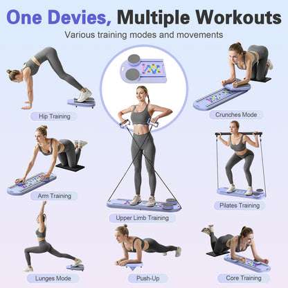 RICAN Foldable Pilates Board, Pilates Reformer Set, 15-in-1 Multifunctional Abdominal Board, Adjustable Push-Up Handles, Full Body Workout Equipment for Home, Purple