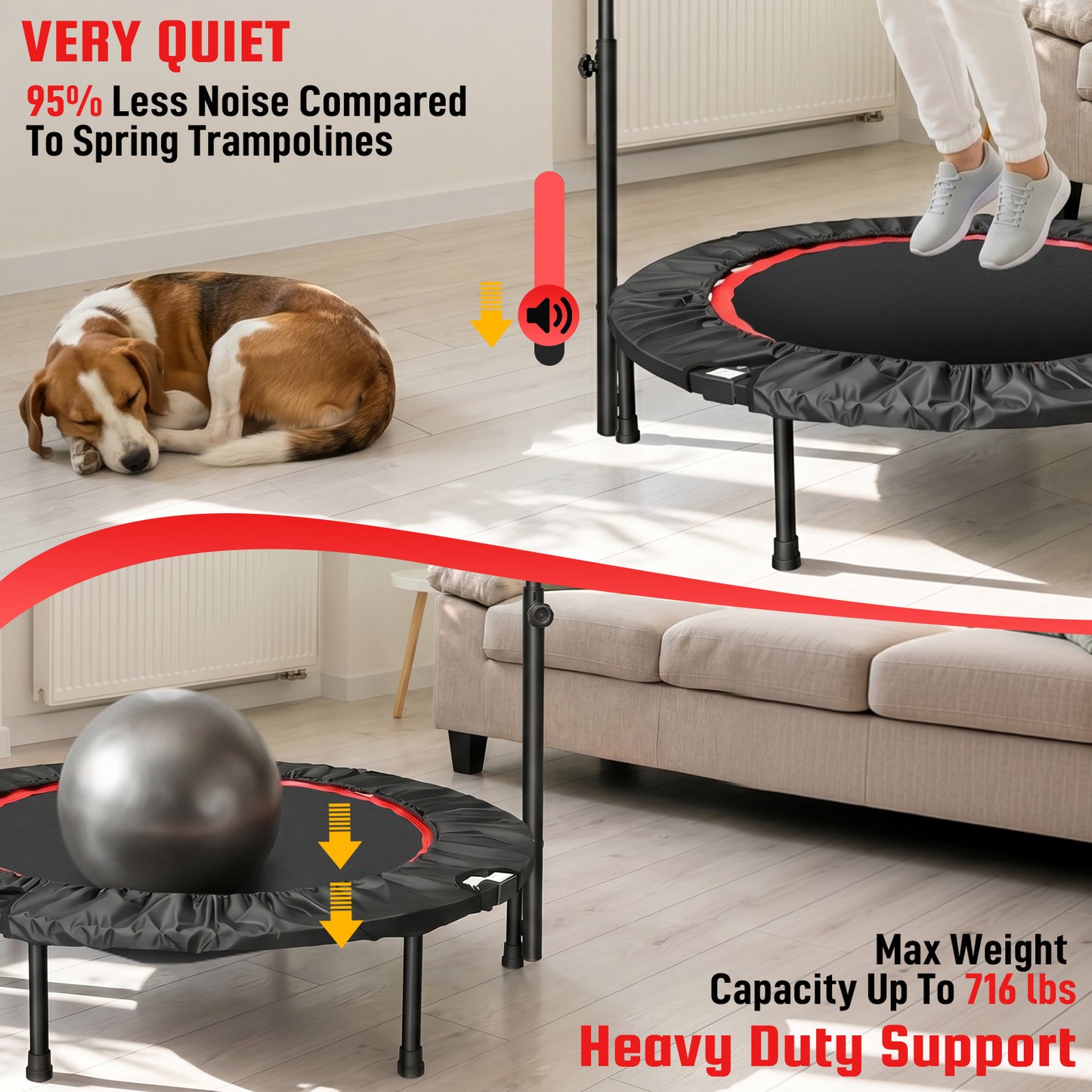 40" Foldable Mini Trampoline with Handle, 716 lbs High Capacity Fitness Rebounder for Home Gym, Quiet Bungee System Indoor Outdoor Jumping Exercise for Adults Kids