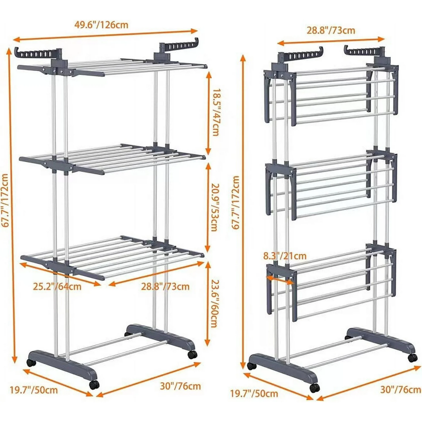Clothes Drying Rack, 4 Tier Outdoor Laundry Drying Rack, Laundry Drying Rack with Foldable Wings Indoor, Gray