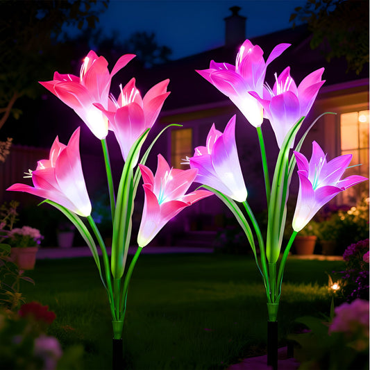 TOPZOO Outdoor Solar Lights Garden Decor, Lily Flowers Lights 2 Pack, Color Changing Garden Stake Lights for Outside Patio, Landscape, Yard Decor