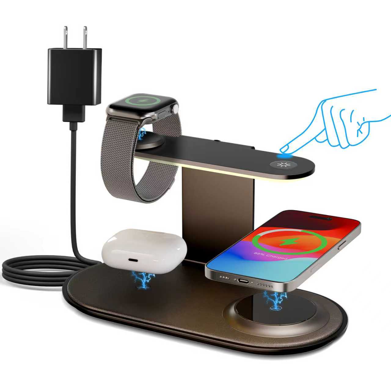 4 in 1 Charging Station, MagSafe Wireless Charger with Three Level soft Night Light, 15W Fast Charging for iPhone 12 and above series, for iWatch Series, for AirPods,USB-C Charger Included, Black