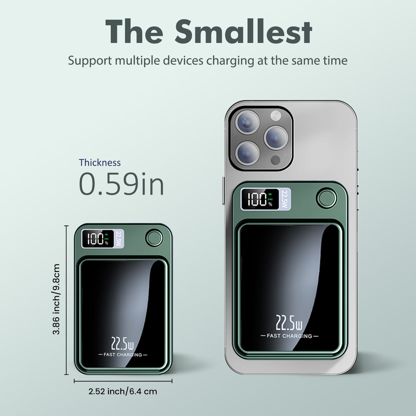 Portable Wireless Power Bank,2 in 1 Magnetic charger 10000mAh 22.5W Fast Charging, with LED Power Display, Suitable for Outdoor Emergency Backup Power Bank, Compatible with Multi Device, Green