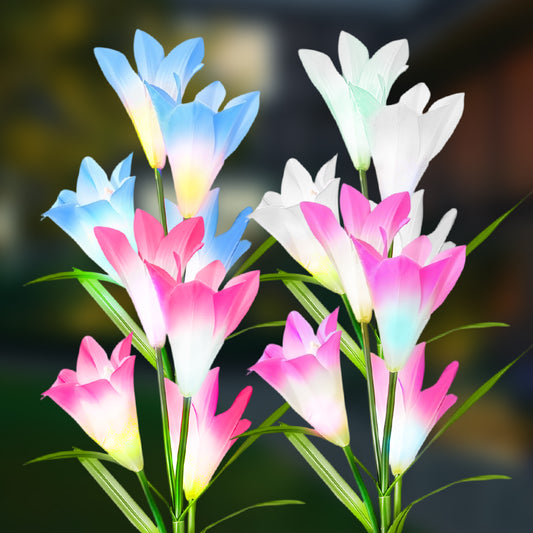 TOPZOO Solar Garden Lights Outdoor Decorative, Lily Flowers Stake Lights, Multi-Color Changing Outside Solar Lights Solar Powered for Garden Patio Landscape Yard Outdoor Decor, 4 Packs