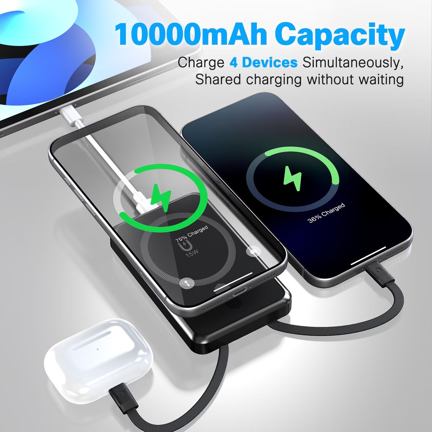 10000mAh Magnetic Wireless Power Bank Portable Charger, 22.5W Fast Charging Battery Pack with Type-C & Mobile Phone Charging Cables, for iPhone 12-17, Black