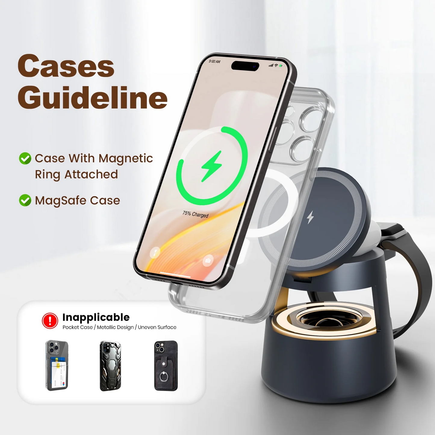 Wireless charger, 5 in 1 Charging Station, Mushroom Night Light, 22.5W Fast Wireless Charger for iPhone, For iWatch, For AirPods, All-in-One Desk Organizer