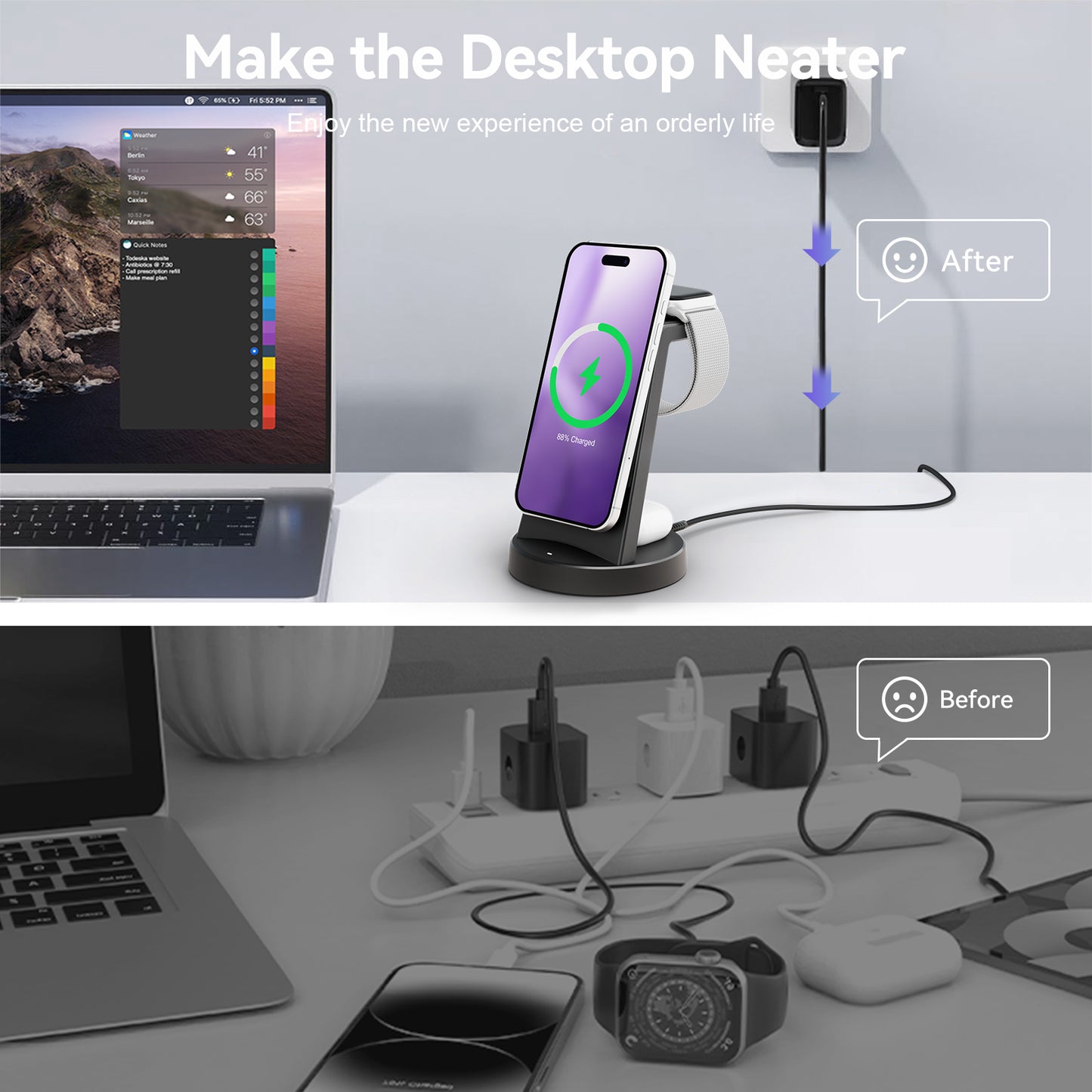 Charging Station, 15W Fast Wireless Charger for iPhone 16 15 14 13 12 Pro X Max XR, Compatible with AirPods iWatch,3 in 1 Magnetic Stand