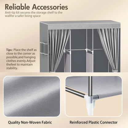 Portable Closet Organizer and Storage with 3 Hanging Rods for Hanging Clothes, 6 Wardrobe Closet Storage Shelves for Bedroom, Easy to Assemble, Grey