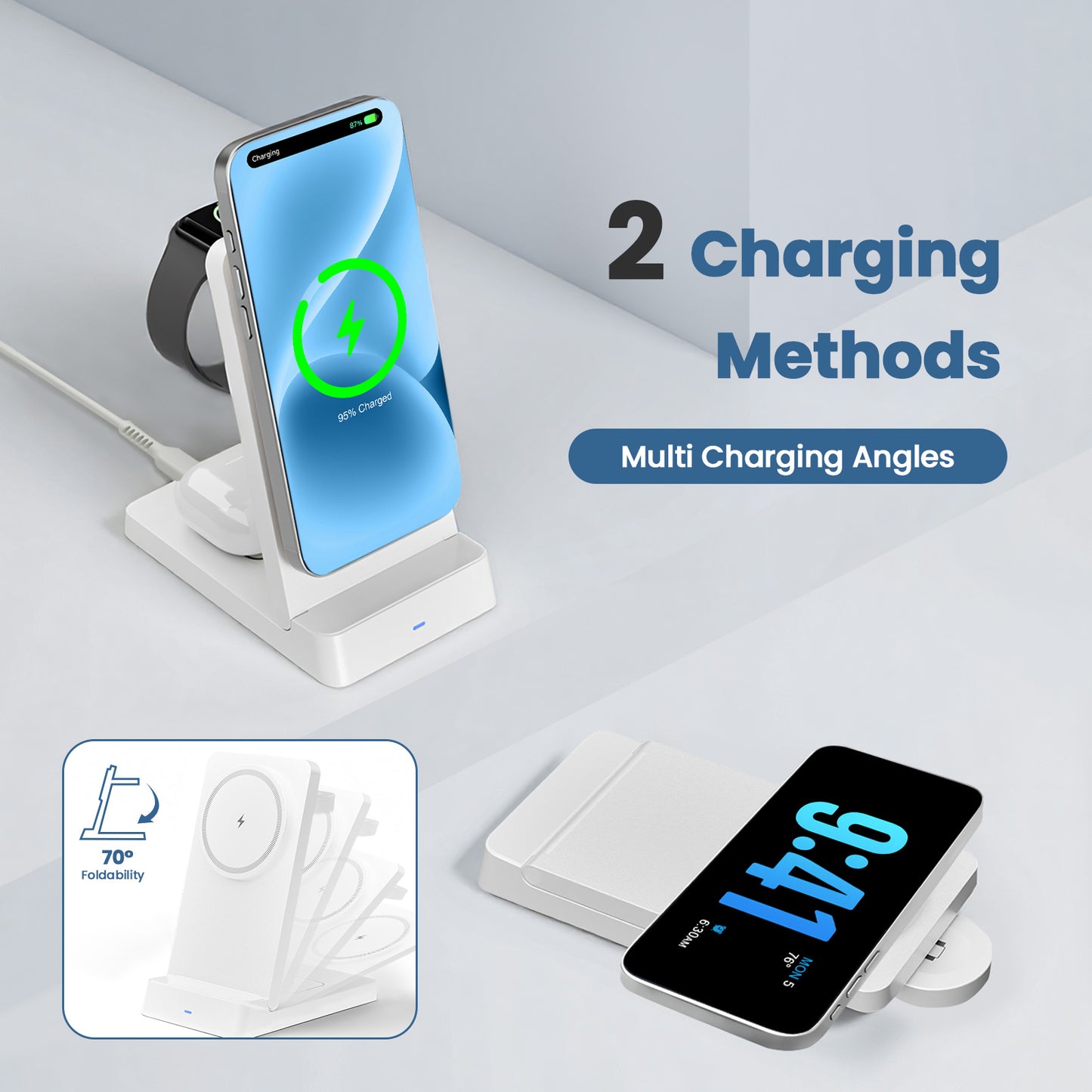 Wireless Charger, 3 in 1 Charging Station for iPhone 17 16 15 14 13 12, for iWatch, for AirPods 4 3 2, 15W Magnetic Charging Pad with Foldable Design, White