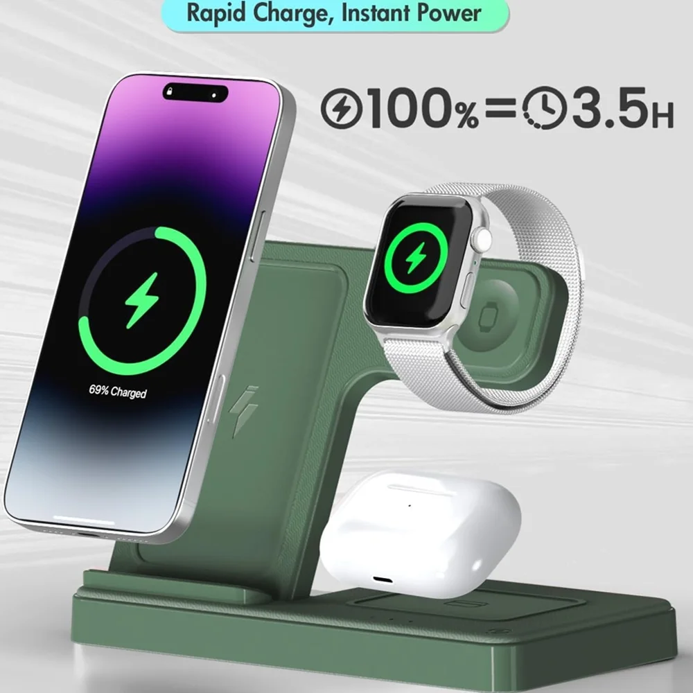 Wireless Charger,3 in 1 Charging Station for iPhone,Fast Wireless Charger Stand Compatible for Apple Watch,iPhone 17 16 15 14 13 12 11 Pro Max Mini Plus SE X XS 8 Plus & AirPods,Dark Green