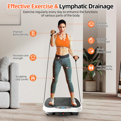 Vibration Plate Exercise Machine, Full Body Workout Power Platform with Loop Bands & Remote Control for Fat Burning and Slimming and Weight Loss, Vibrating Stand Shake Board, White