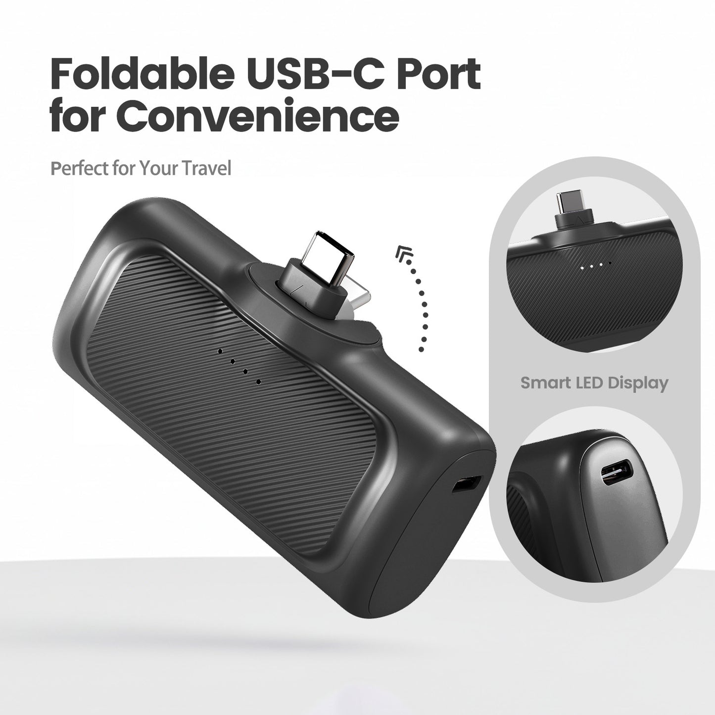 Portable Charger, 5000mAh Power Bank with Foldable USB-C Plug, 22.5W Mini Charger Battery Pack Compatible with iPhone 15 to 17, Black