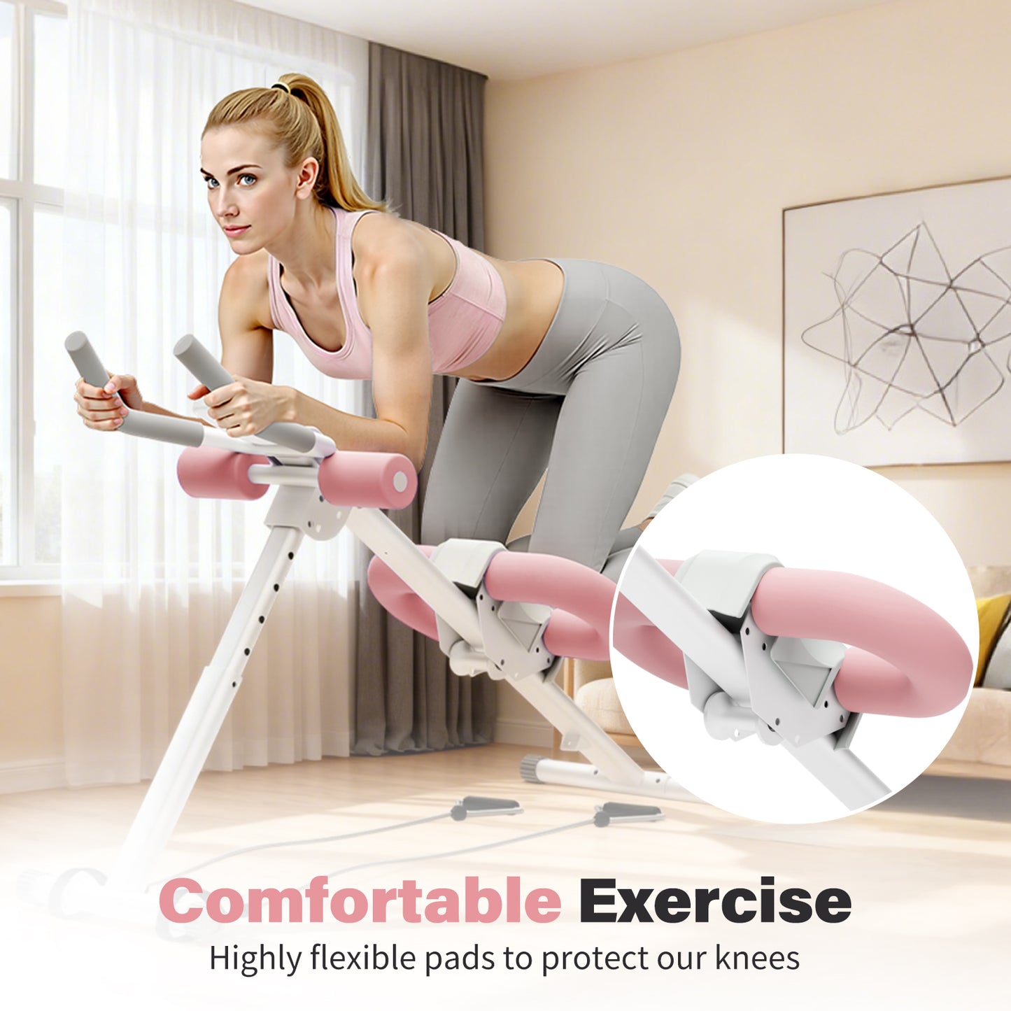 Rican Ab Machine, Foldable Abdominal Exercise Machine, Ab Workout Equipment with LCD Monitor, Abdominal Exercise Workout with Resistance Bands, Pink