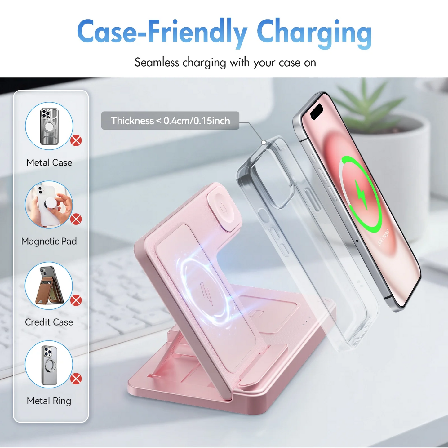 Wireless Charger for iPhone,3 in 1 Wireless Charging Station for iPhone 17 16 15 14 13 12 11 Pro Max Plus XS XR X 8,for iWatch 9 8 7 6 5 4 3 2 SE,for AirPods 3 2 Pro,Pink,No Adapter