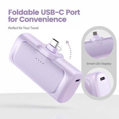 Portable Charger, 5000mAh Power Bank with Foldable USB-C Plug, 22.5W Mini Charger Battery Pack Compatible with iPhone 15 to 17,Purple