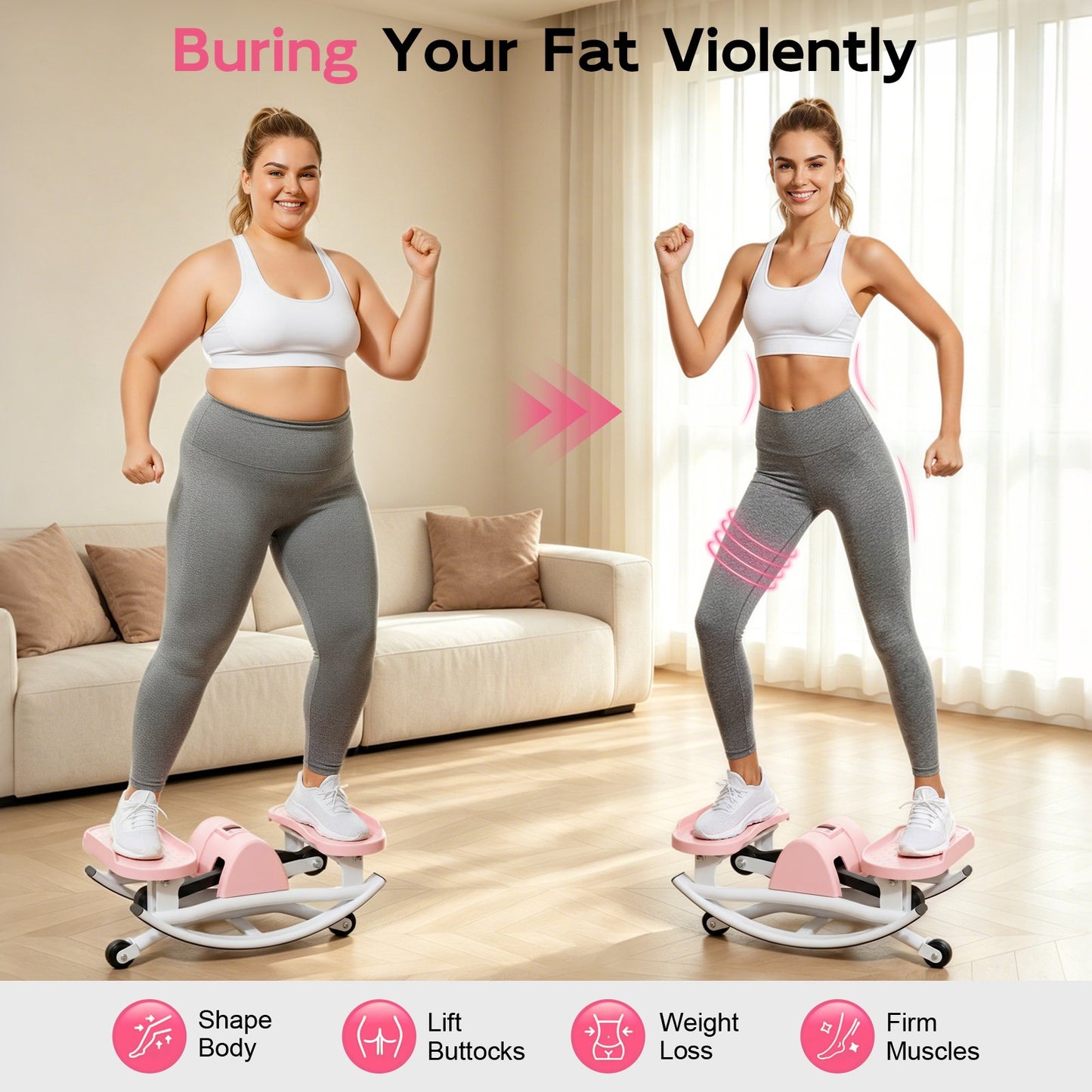 RICAN Smart Lateral Rocking Fitness Stepper, Low-Impact Portable Exercise Stepper with Digital Monitor, Resistance Bands & Floor Mat, Pink
