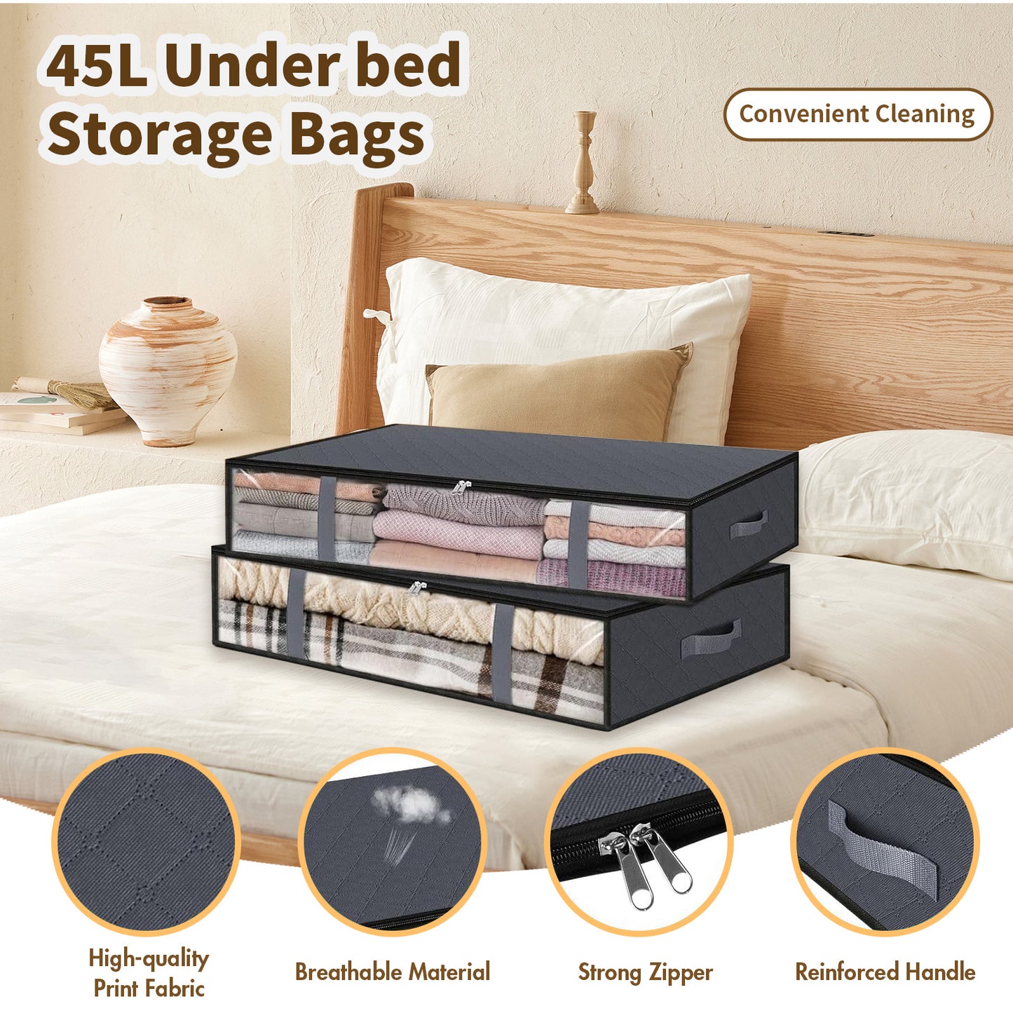 6 Pack Under Bed Storage Bags with Reinforced Handles, 45L Visible Underbed Clothes Storage, Breathable Non-woven Closet Storage for Blanket, Pillows, Comforters and Quilts